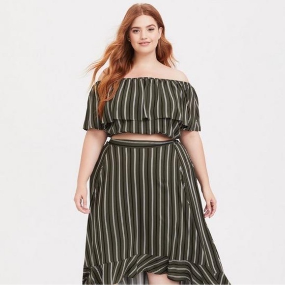 Torrid Olive Stripe Maxi Challis Off-Shoulder Crop Top Size 5X - Picture 5 of 12